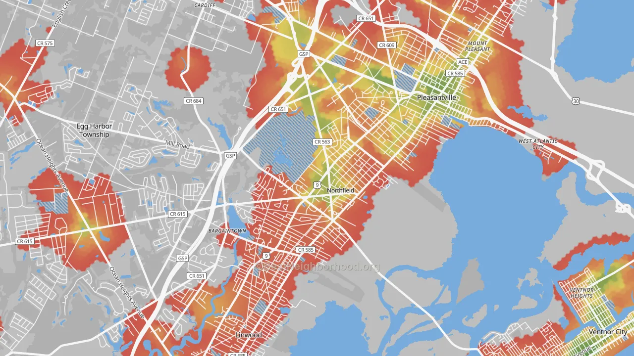 Walk Grade map of Northfield, NJ, walkable areas in green and car-dependent areas in red