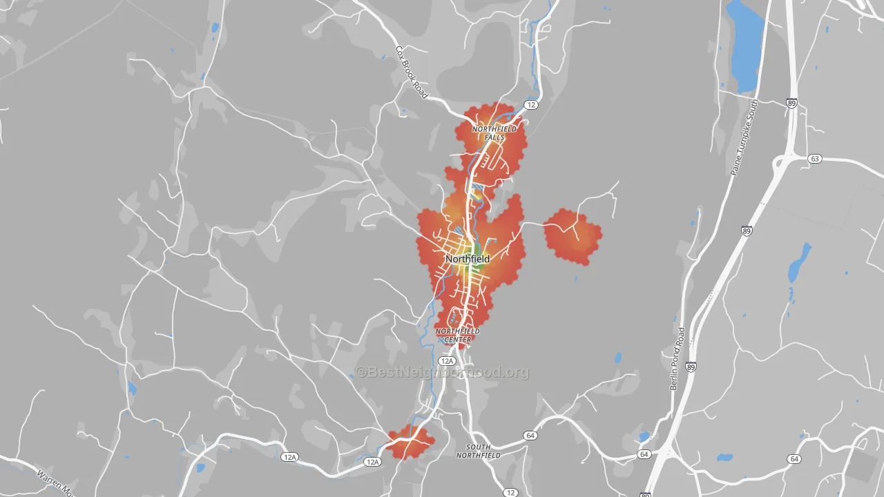 Walk Grade map of Northfield, VT, walkable areas in green and car-dependent areas in red