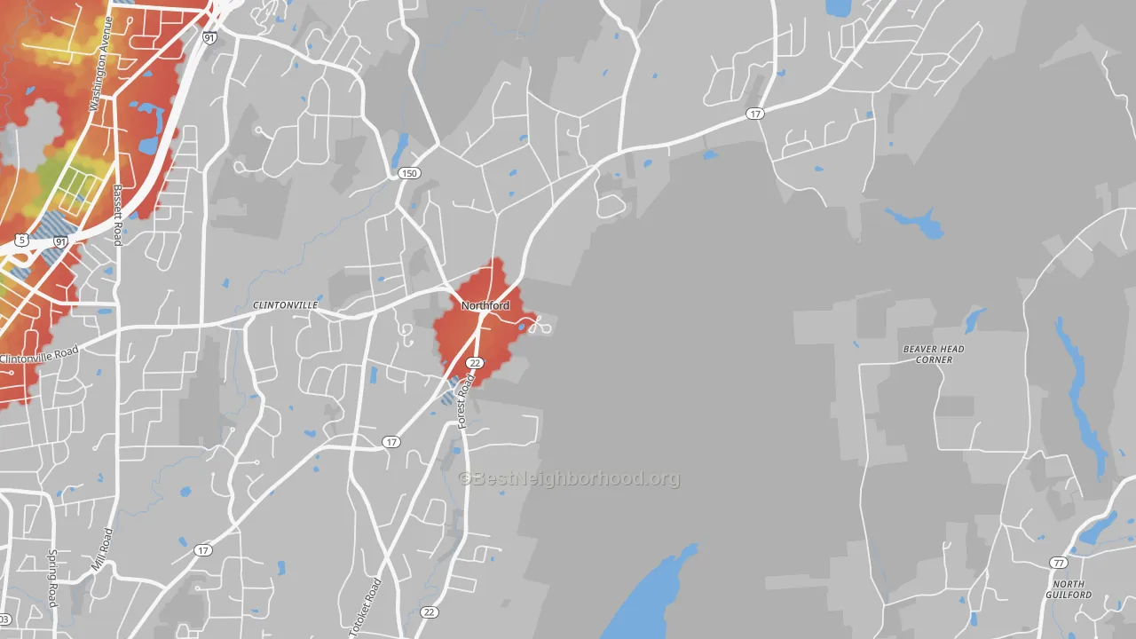 Walk Grade map of Northford, CT, walkable areas in green and car-dependent areas in red