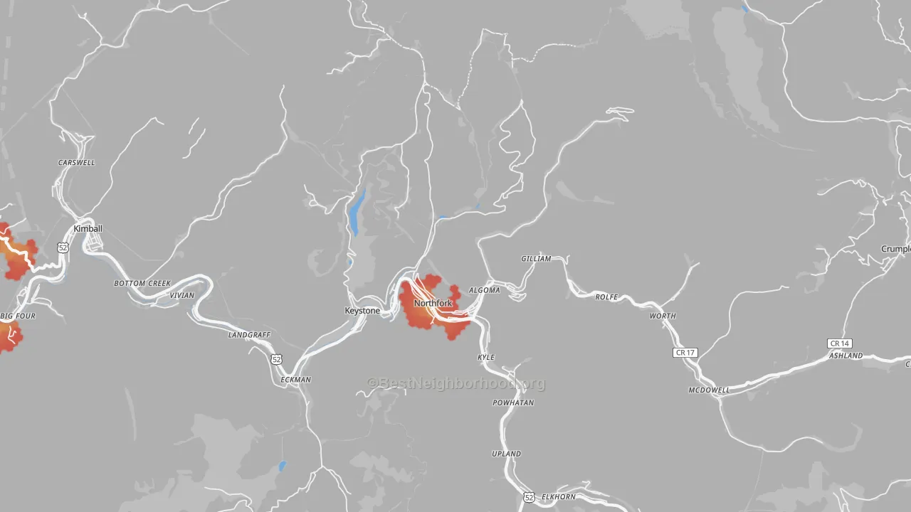 Walk Grade map of Northfork, WV, walkable areas in green and car-dependent areas in red