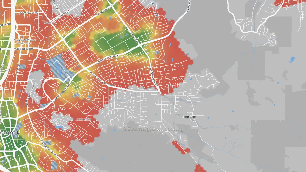 Walk Grade map of Northgate Area, Walnut Creek, CA, walkable areas in green and car-dependent areas in red