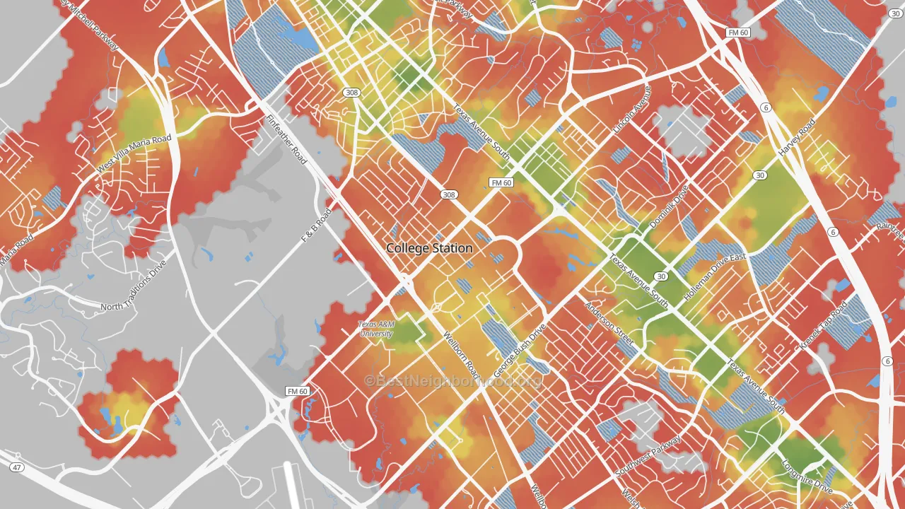 Walk Grade map of Northgate, College Station, TX, walkable areas in green and car-dependent areas in red
