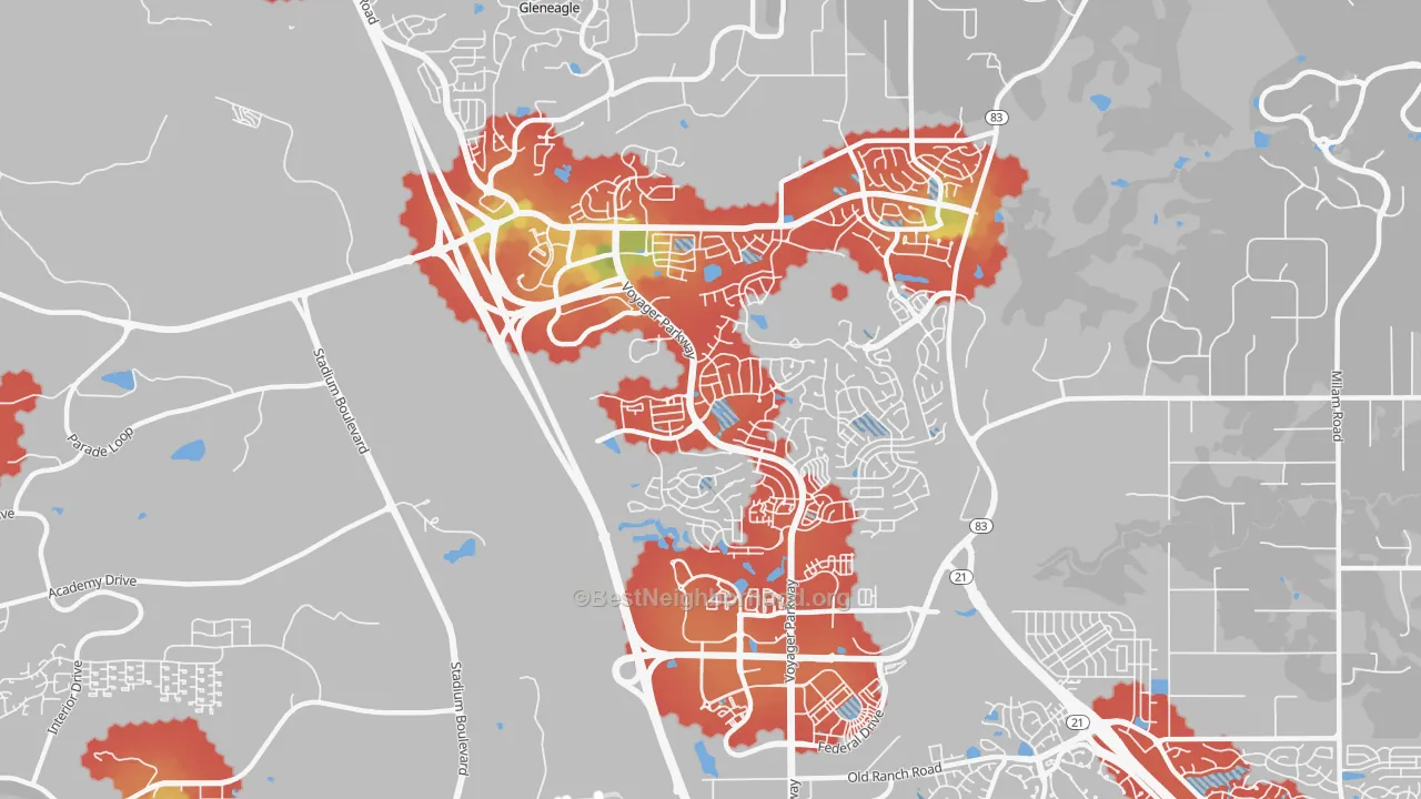 Walk Grade map of Northgate, Colorado Springs, CO, walkable areas in green and car-dependent areas in red