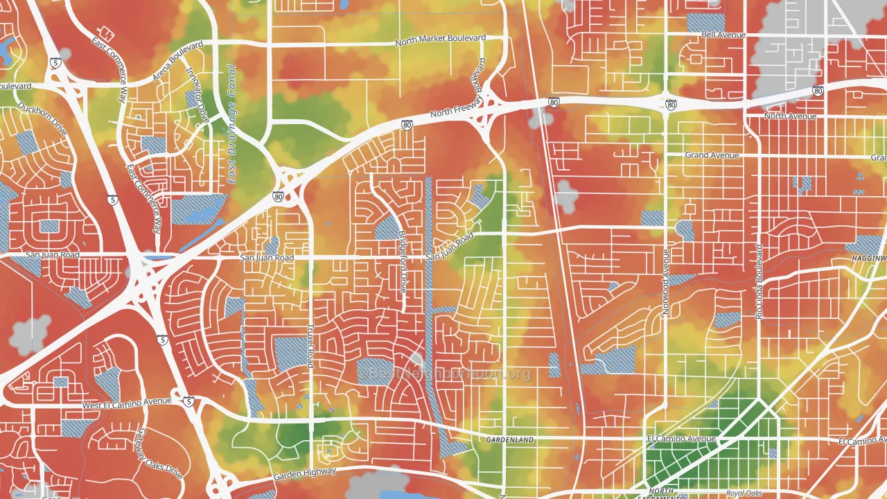 Walk Grade map of Northgate Sacramento, Sacramento, CA, walkable areas in green and car-dependent areas in red