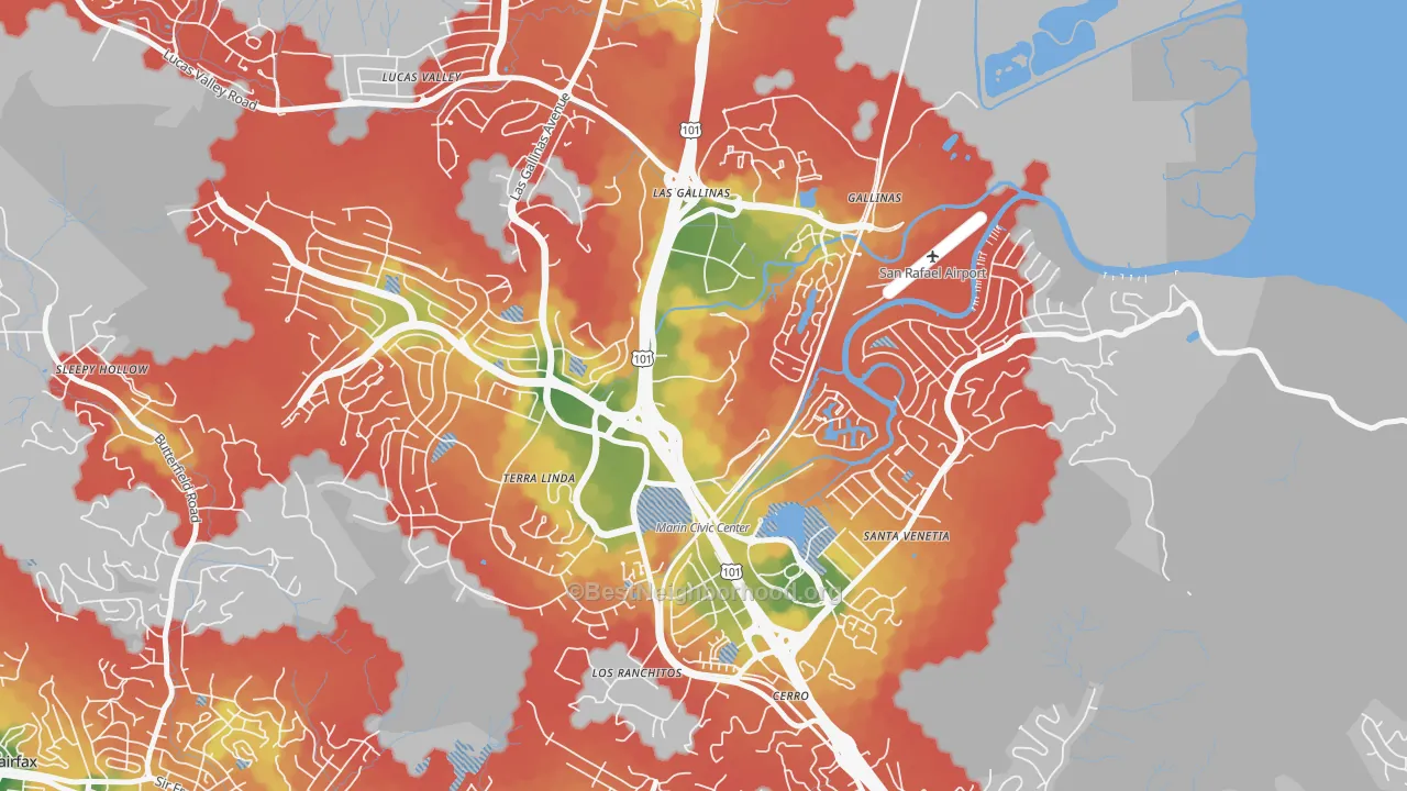 Walk Grade map of Northgate, San Rafael, CA, walkable areas in green and car-dependent areas in red