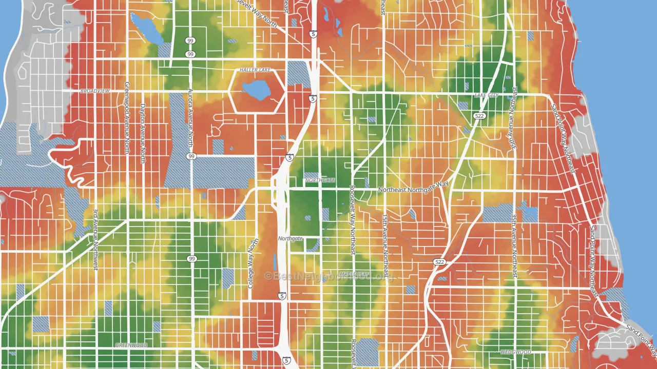 Walk Grade map of Northgate, Seattle, WA, walkable areas in green and car-dependent areas in red
