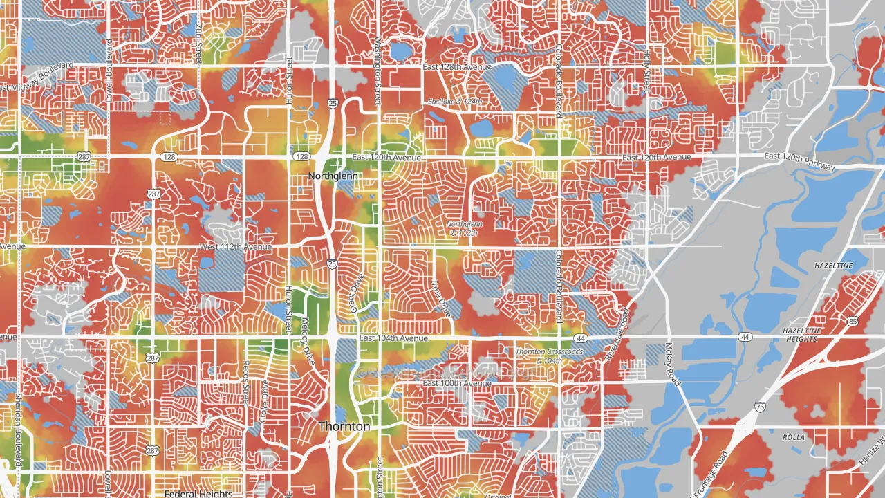 Walk Grade map of Northglenn, CO, walkable areas in green and car-dependent areas in red