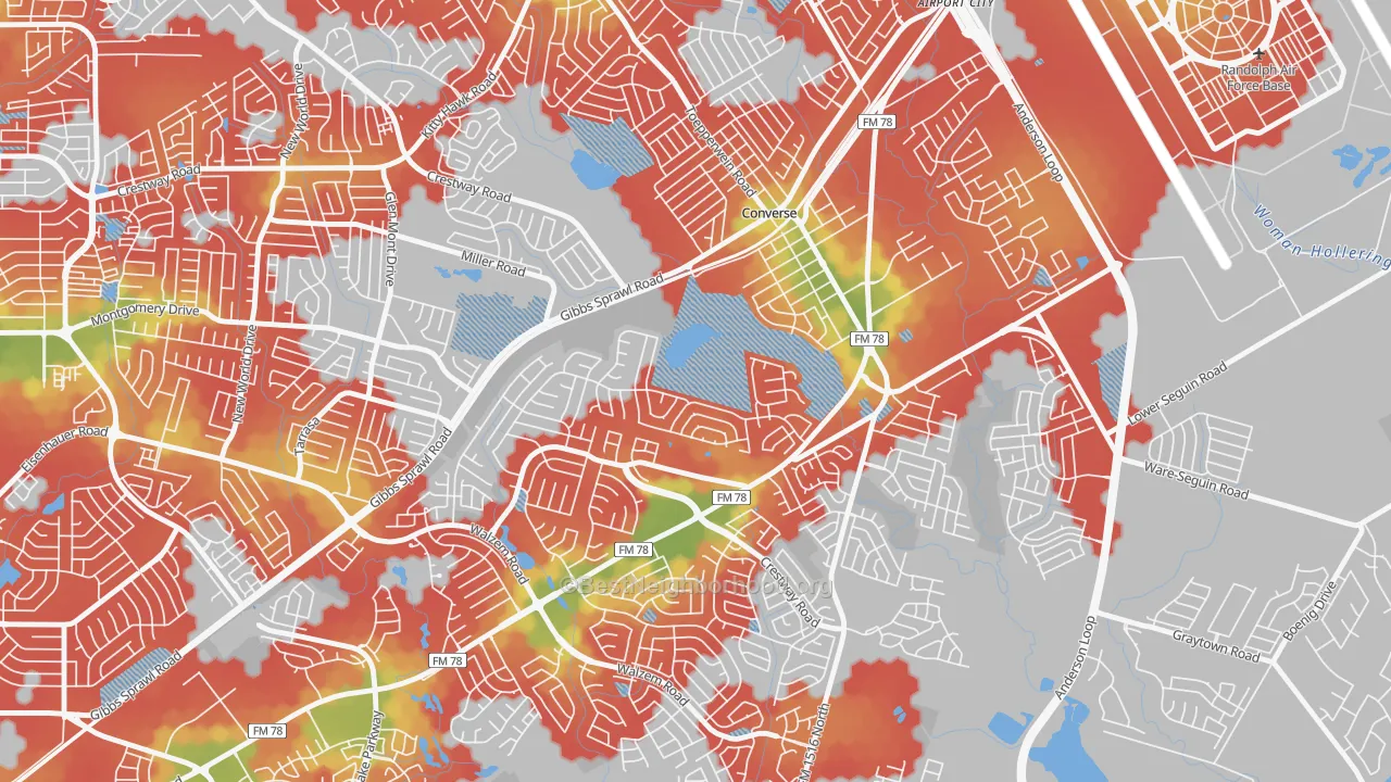 Walk Grade map of Northhampton, Converse, TX, walkable areas in green and car-dependent areas in red