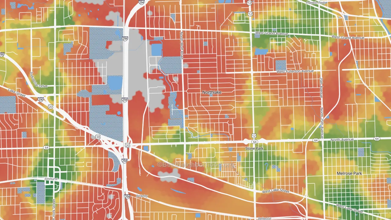 Walk Grade map of Northlake, IL, walkable areas in green and car-dependent areas in red