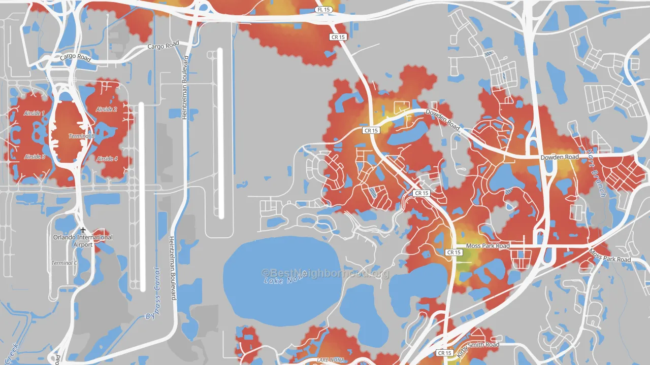 Walk Grade map of Northlake Park at Lake Nona, Orlando, FL, walkable areas in green and car-dependent areas in red