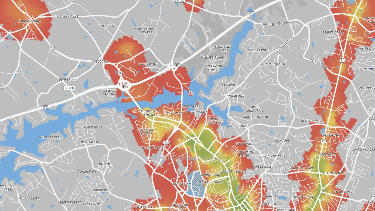 Walk Grade map of Northlake, SC, walkable areas in green and car-dependent areas in red