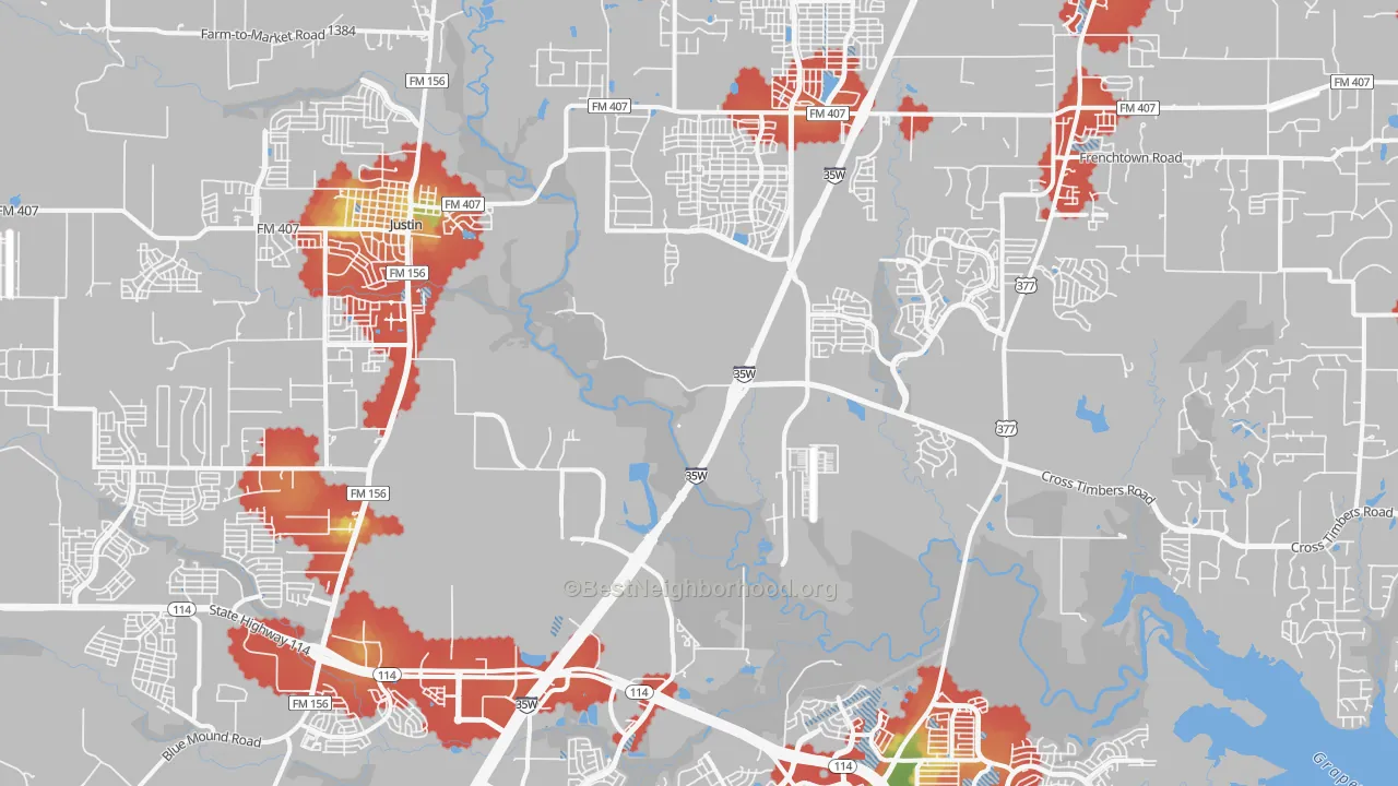 Walk Grade map of Northlake, TX, walkable areas in green and car-dependent areas in red
