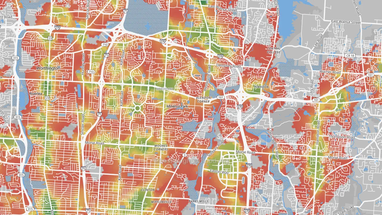 Walk Grade map of Northland, Columbus, OH, walkable areas in green and car-dependent areas in red