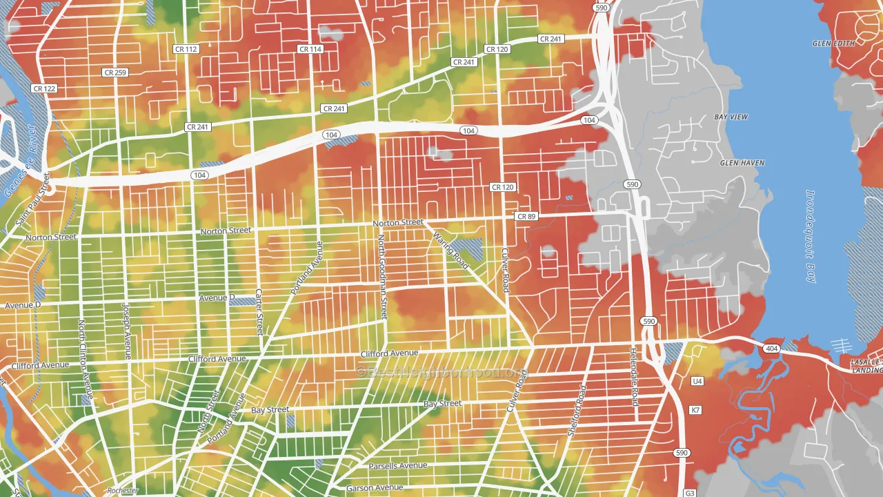 Walk Grade map of Northland Lyceum, Rochester, NY, walkable areas in green and car-dependent areas in red