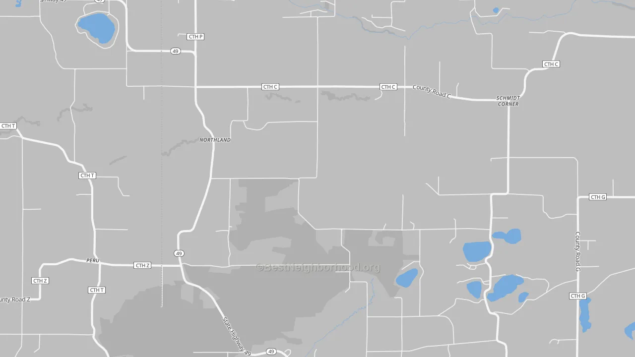 Walk Grade map of Northland, WI, walkable areas in green and car-dependent areas in red