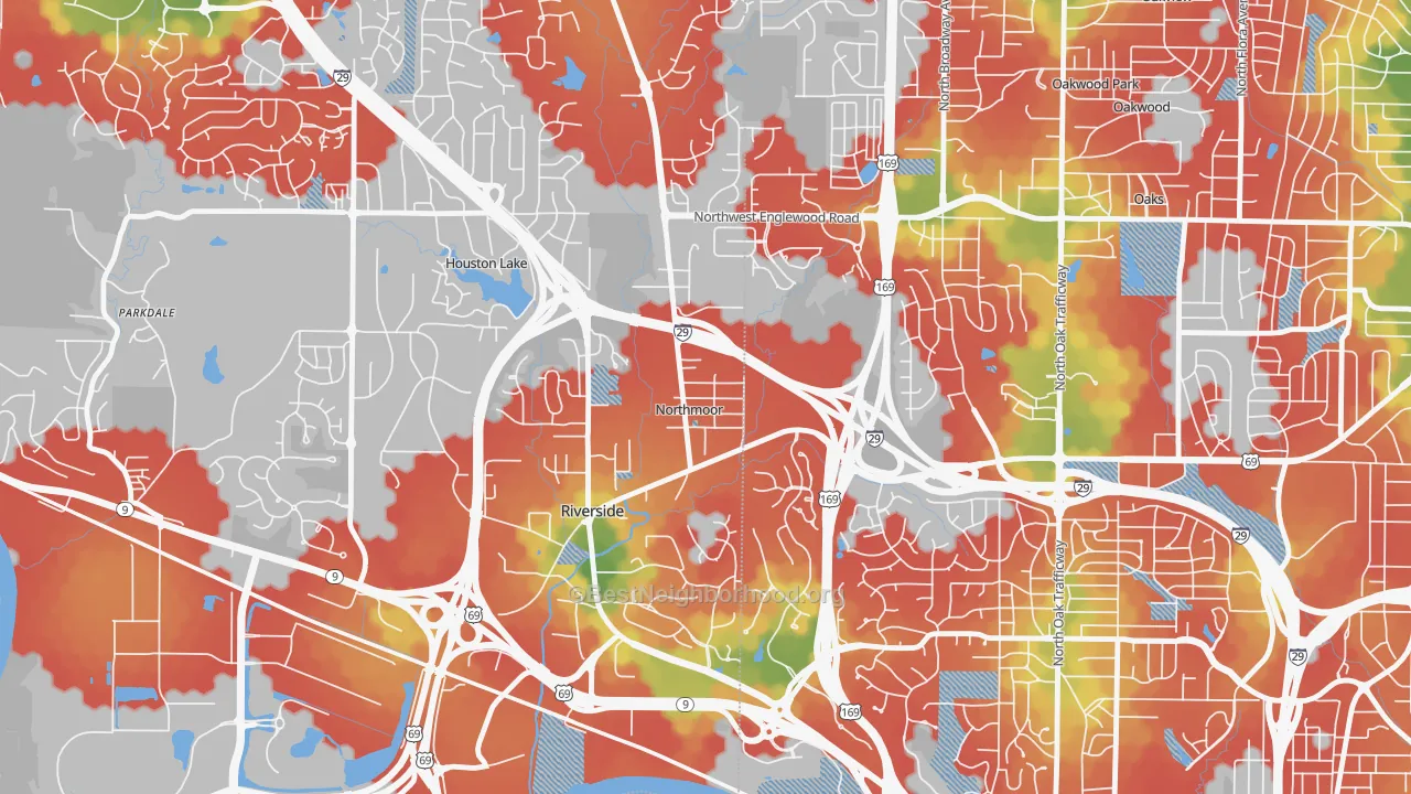 Walk Grade map of Northmoor, MO, walkable areas in green and car-dependent areas in red