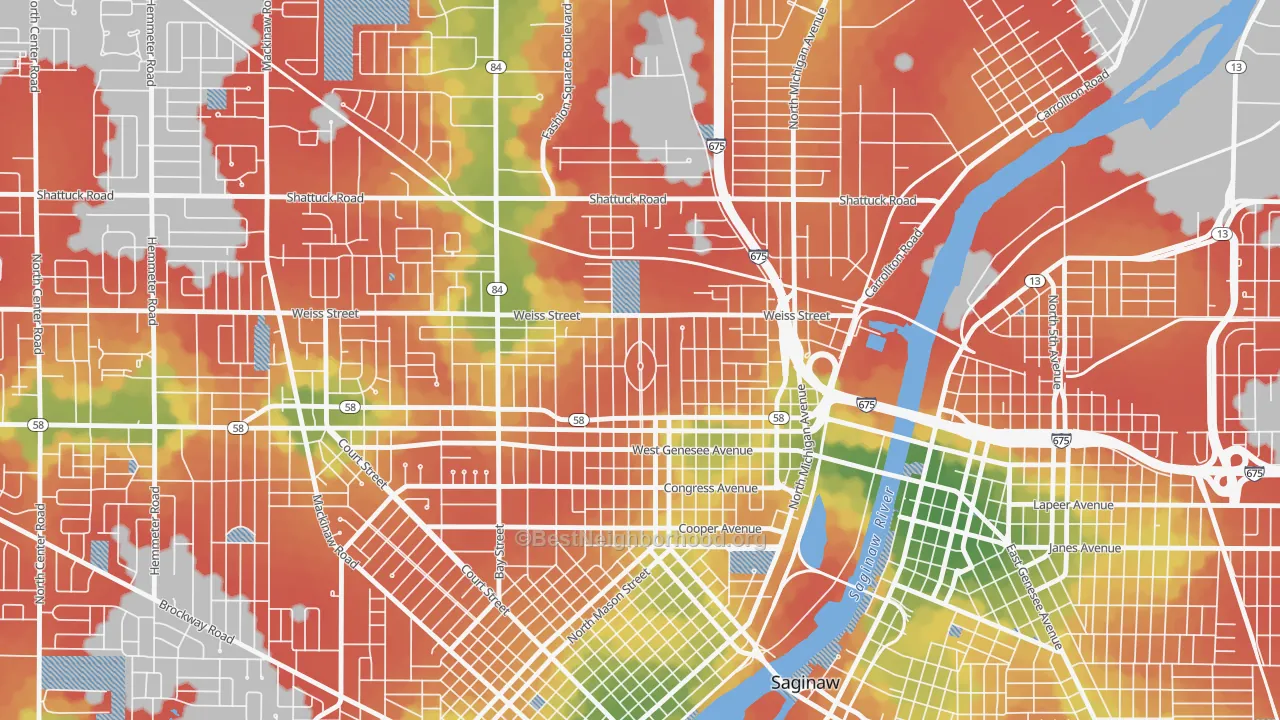 Walk Grade map of Northmoor, Saginaw, MI, walkable areas in green and car-dependent areas in red
