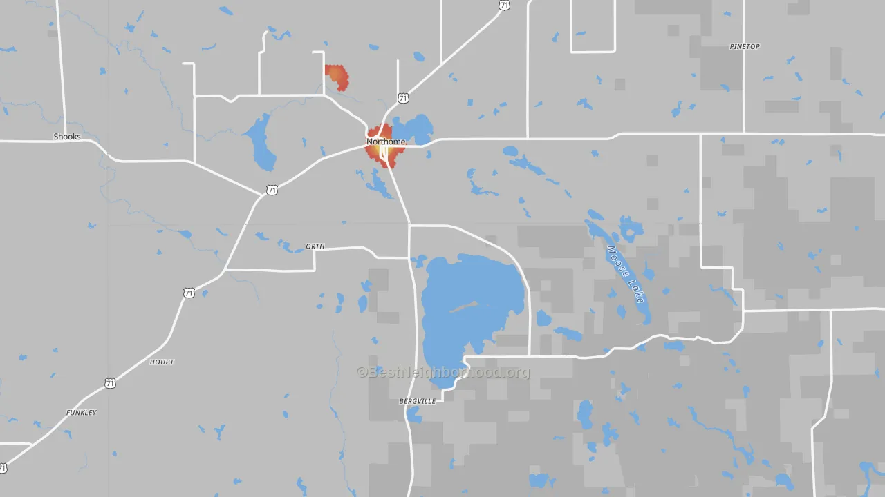 Walk Grade map of Northome, MN, walkable areas in green and car-dependent areas in red