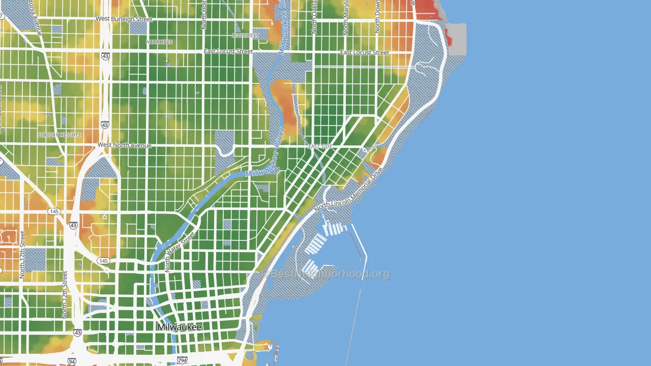 Walk Grade map of Northpoint, Milwaukee, WI, walkable areas in green and car-dependent areas in red