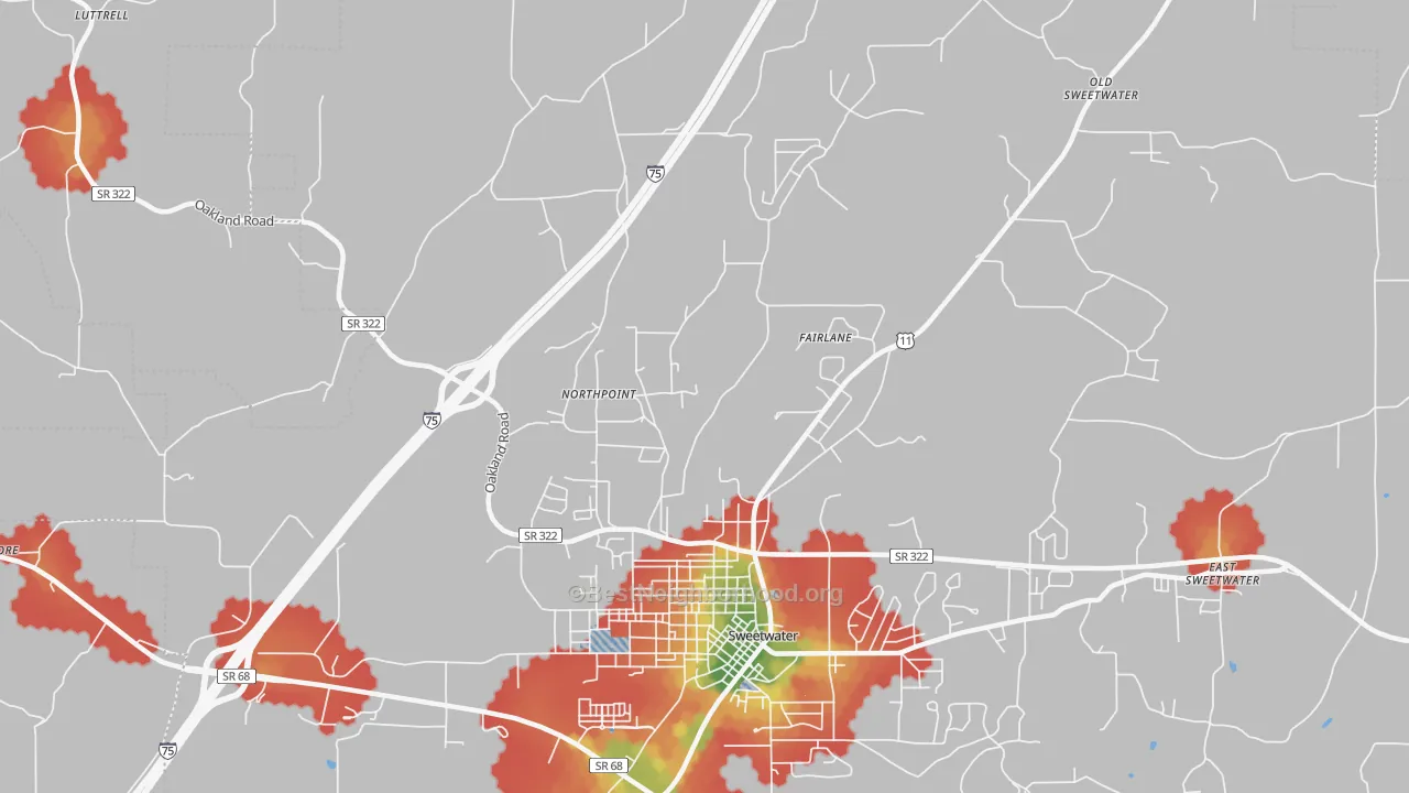 Walk Grade map of Northpoint, TN, walkable areas in green and car-dependent areas in red
