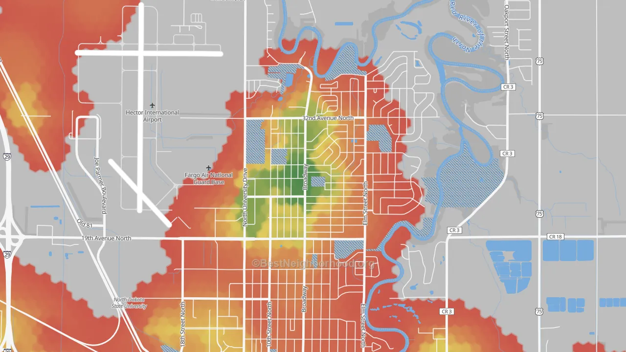 Walk Grade map of Northport, Fargo, ND, walkable areas in green and car-dependent areas in red