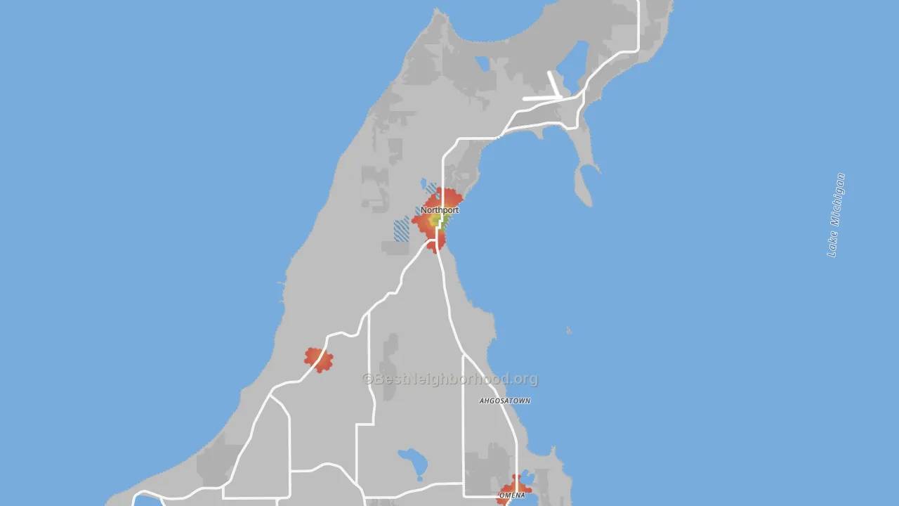 Walk Grade map of Northport, MI, walkable areas in green and car-dependent areas in red