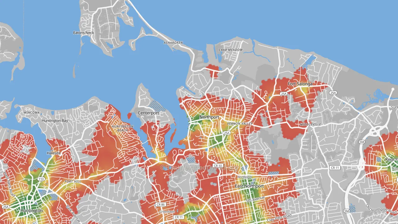 Walk Grade map of Northport, NY, walkable areas in green and car-dependent areas in red