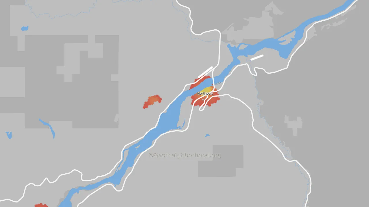 Walk Grade map of Northport, WA, walkable areas in green and car-dependent areas in red