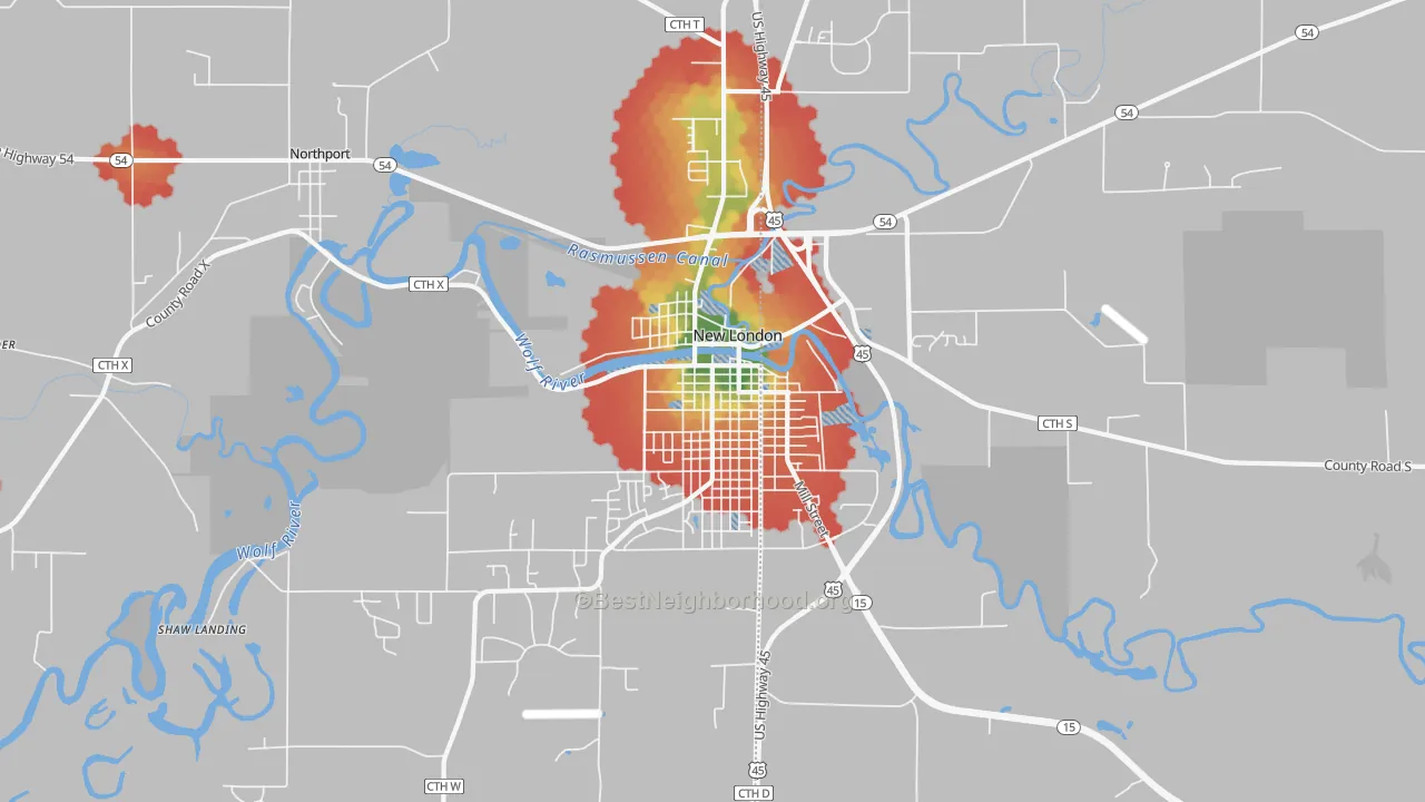 Walk Grade map of Northport, WI, walkable areas in green and car-dependent areas in red