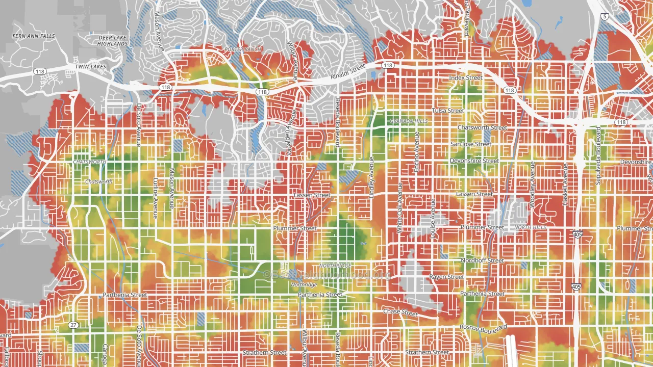 Walk Grade map of Northridge, CA, walkable areas in green and car-dependent areas in red