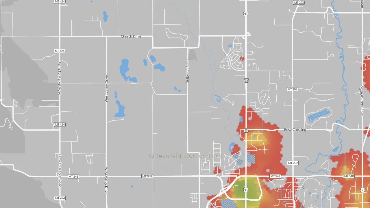 Walk Grade map of Northridge Heights, MT, walkable areas in green and car-dependent areas in red