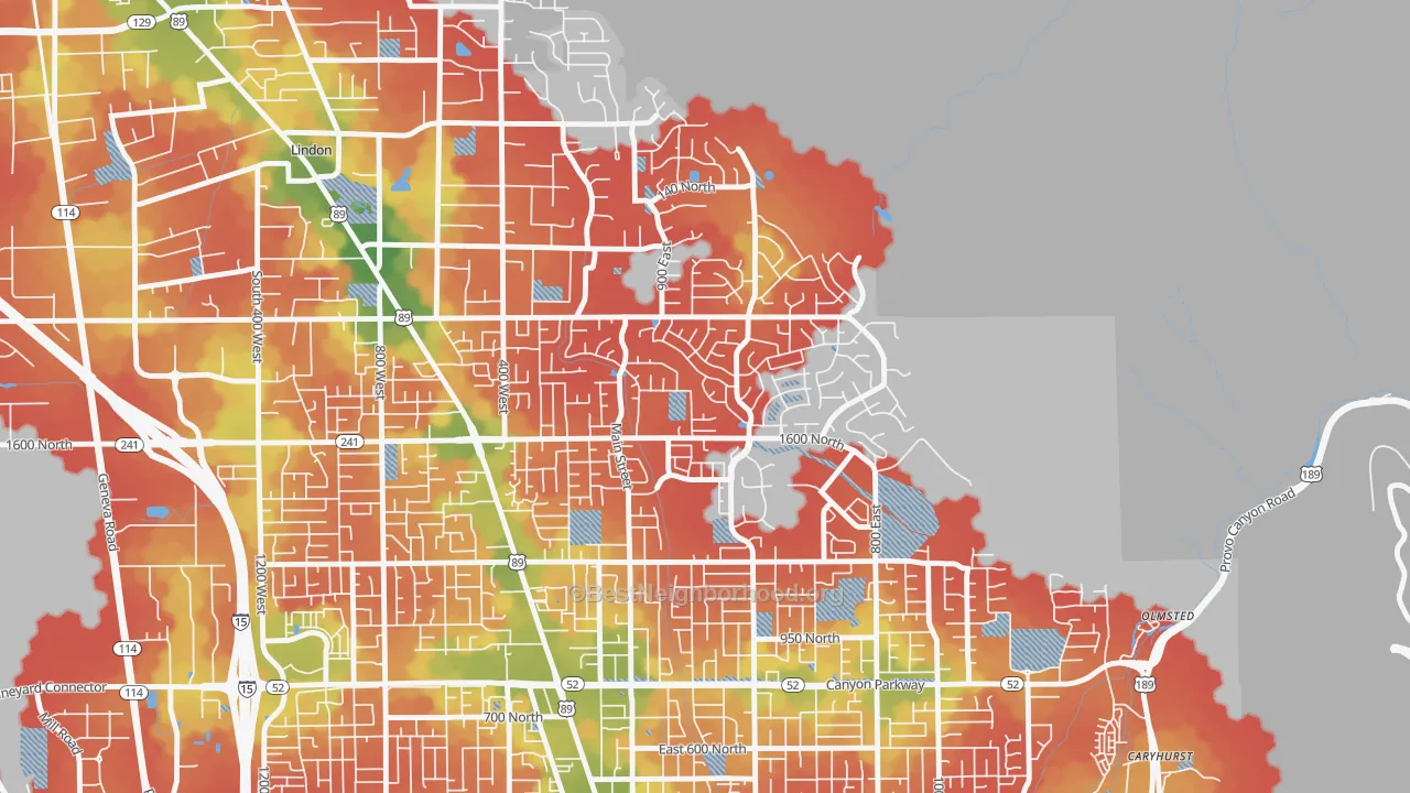 Walk Grade map of Northridge, Orem, UT, walkable areas in green and car-dependent areas in red