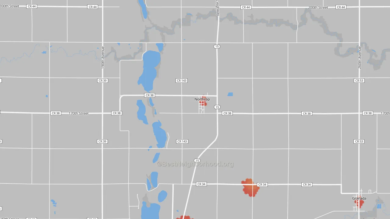 Walk Grade map of Northrop, MN, walkable areas in green and car-dependent areas in red