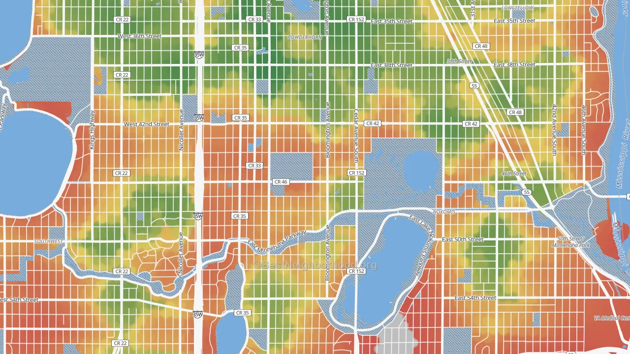 Walk Grade map of Northrup, Minneapolis, MN, walkable areas in green and car-dependent areas in red