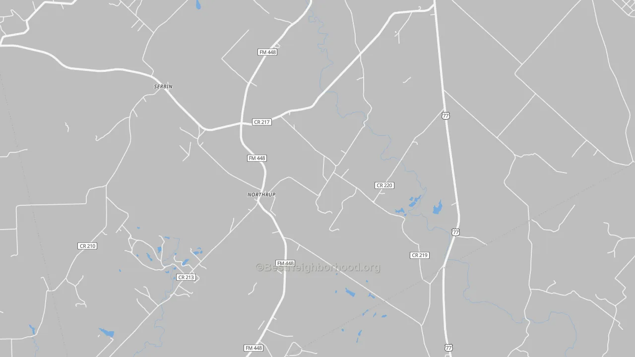 Walk Grade map of Northrup, TX, walkable areas in green and car-dependent areas in red