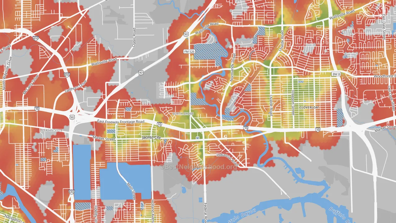 Walk Grade map of Northshore, Houston, TX, walkable areas in green and car-dependent areas in red