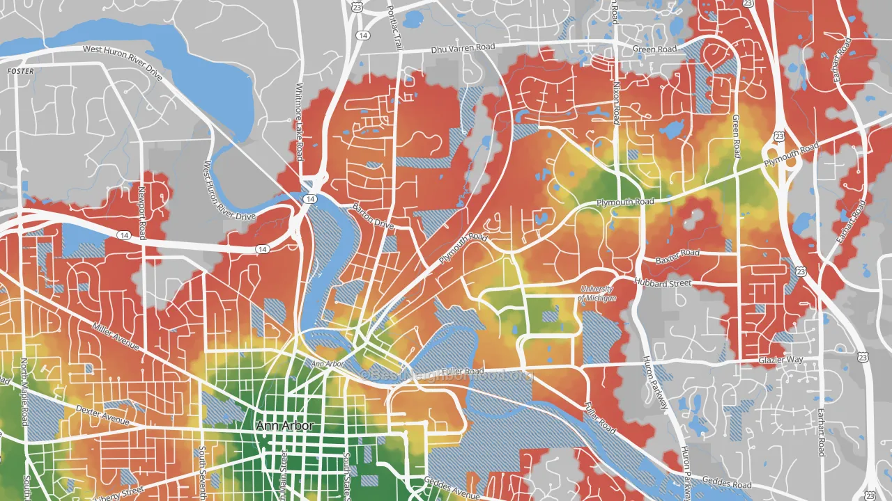 Walk Grade map of Northside Ann Arbor, Ann Arbor, MI, walkable areas in green and car-dependent areas in red