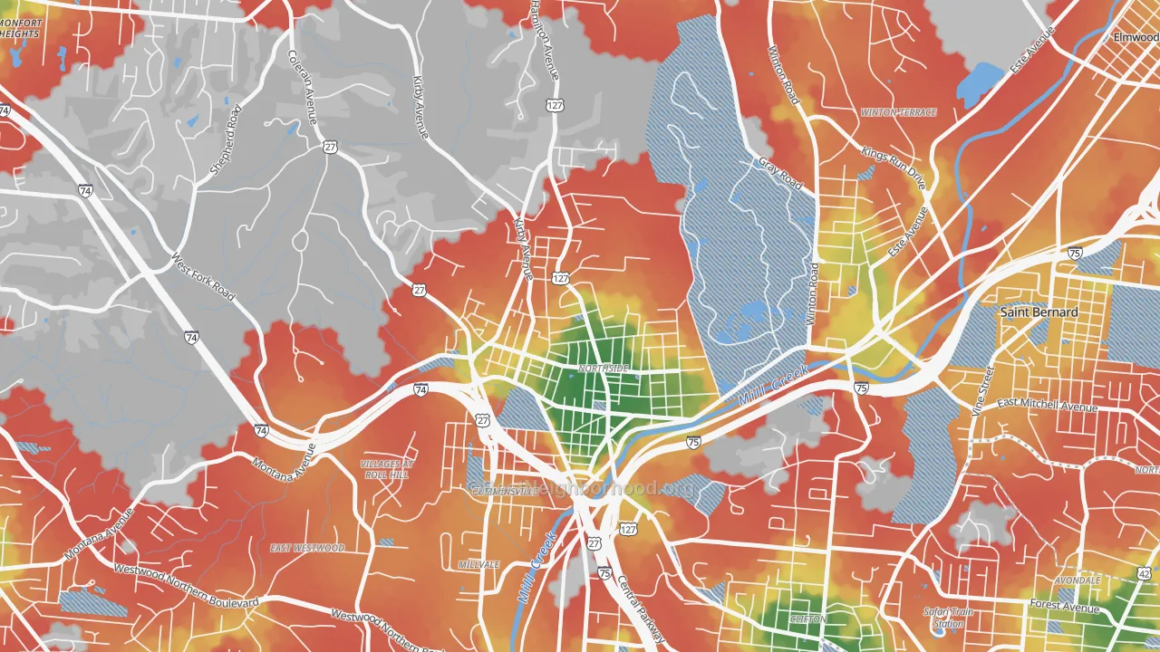 Walk Grade map of Northside, Cincinnati, OH, walkable areas in green and car-dependent areas in red