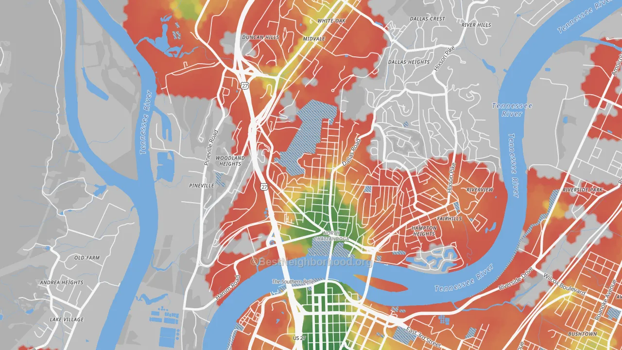 Walk Grade map of Northside Community, Chattanooga, TN, walkable areas in green and car-dependent areas in red