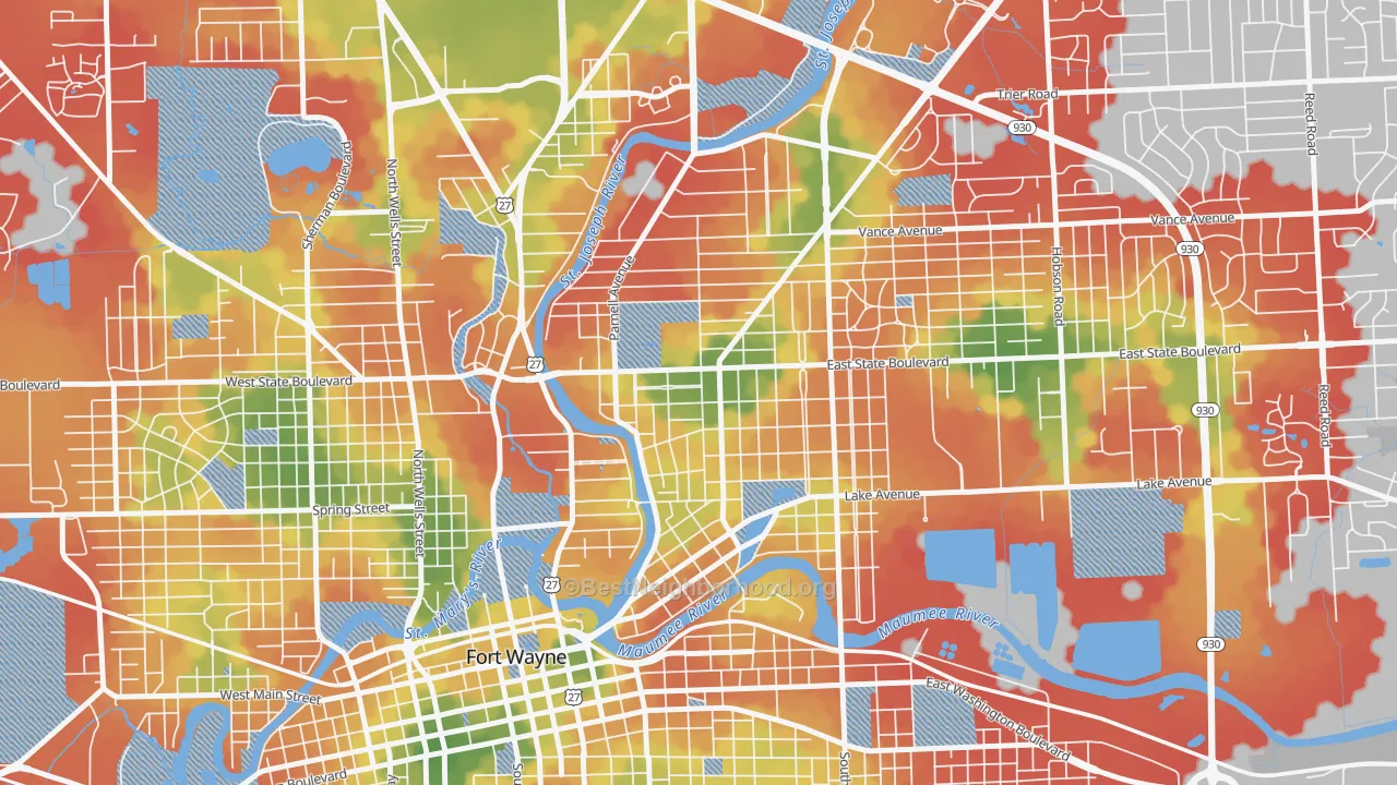 Walk Grade map of Northside, Fort Wayne, IN, walkable areas in green and car-dependent areas in red