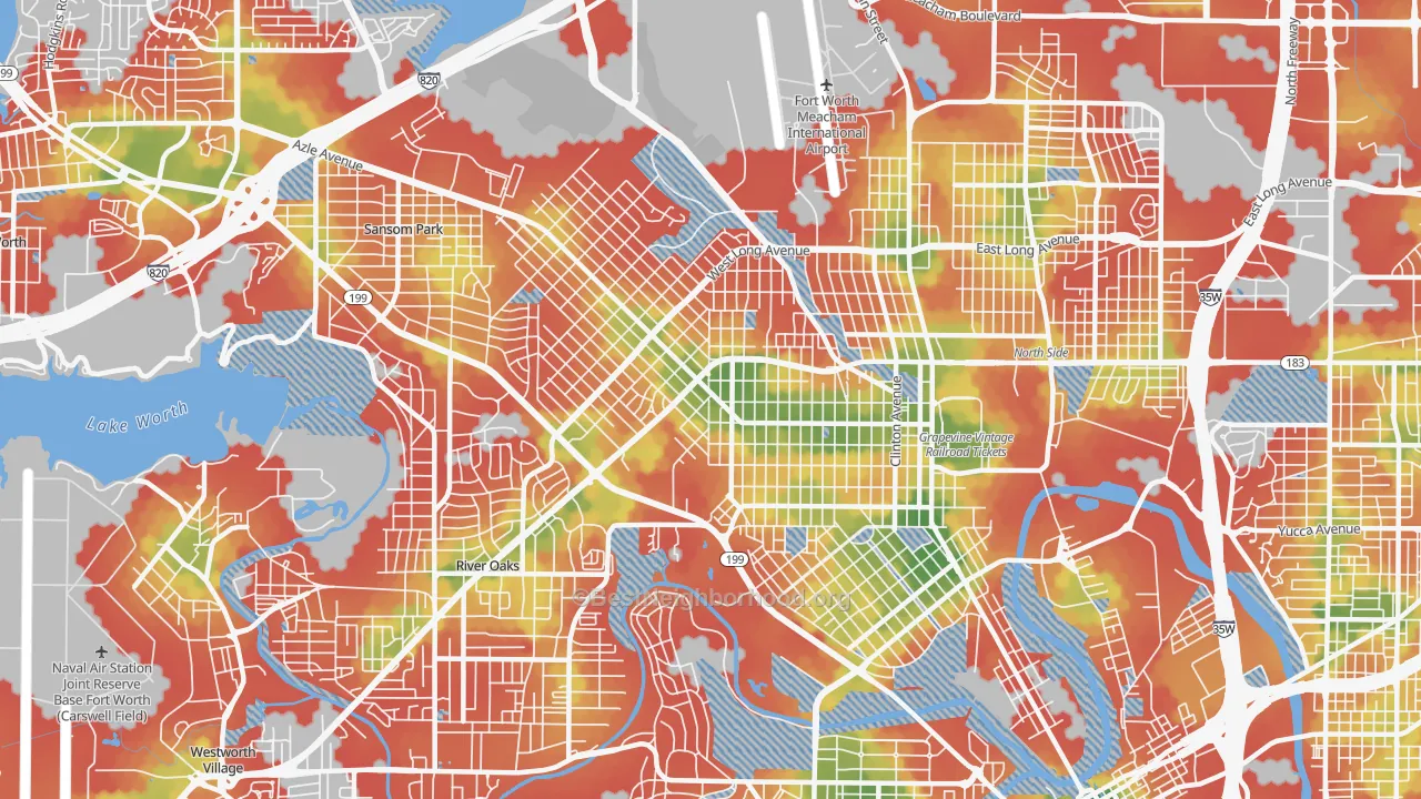 Walk Grade map of Northside, Fort Worth, TX, walkable areas in green and car-dependent areas in red