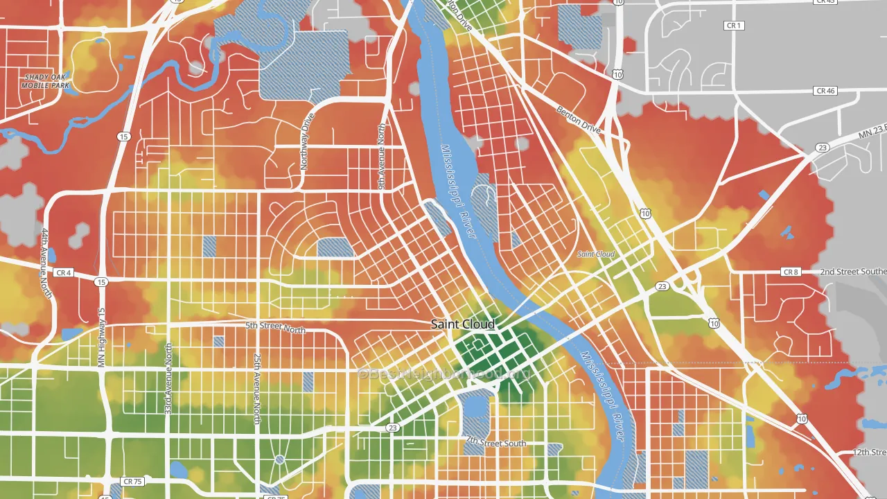 Walk Grade map of Northside Hester Park, St. Cloud, MN, walkable areas in green and car-dependent areas in red