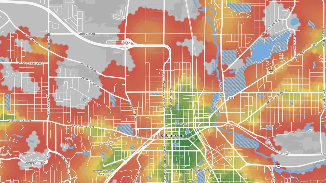 Walk Grade map of Northside, Kalamazoo, MI, walkable areas in green and car-dependent areas in red