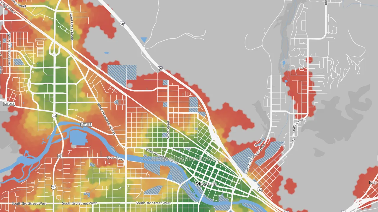 Walk Grade map of Northside, Missoula, MT, walkable areas in green and car-dependent areas in red