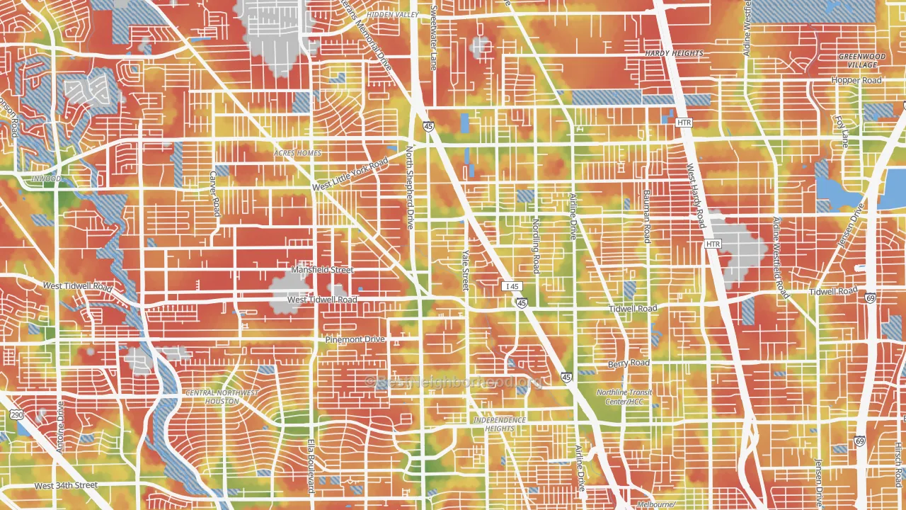 Walk Grade map of Northside Northline, Houston, TX, walkable areas in green and car-dependent areas in red