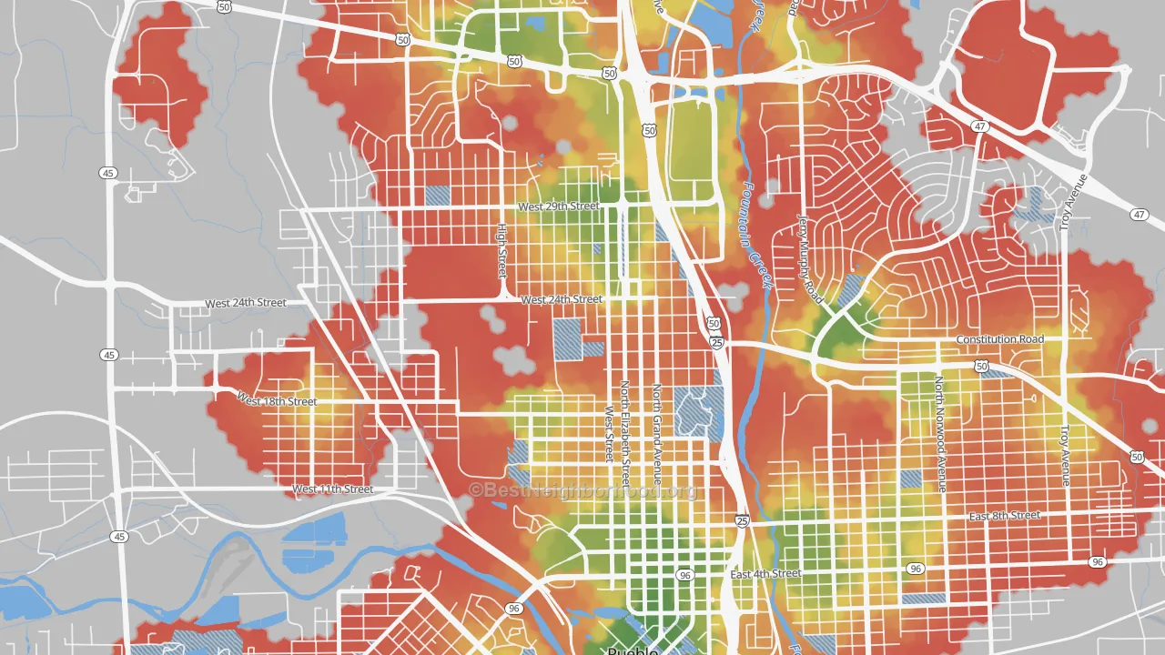 Walk Grade map of Northside, Pueblo, CO, walkable areas in green and car-dependent areas in red