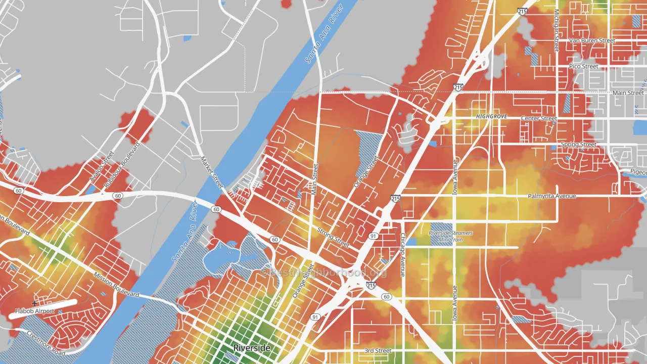 Walk Grade map of Northside, Riverside, CA, walkable areas in green and car-dependent areas in red