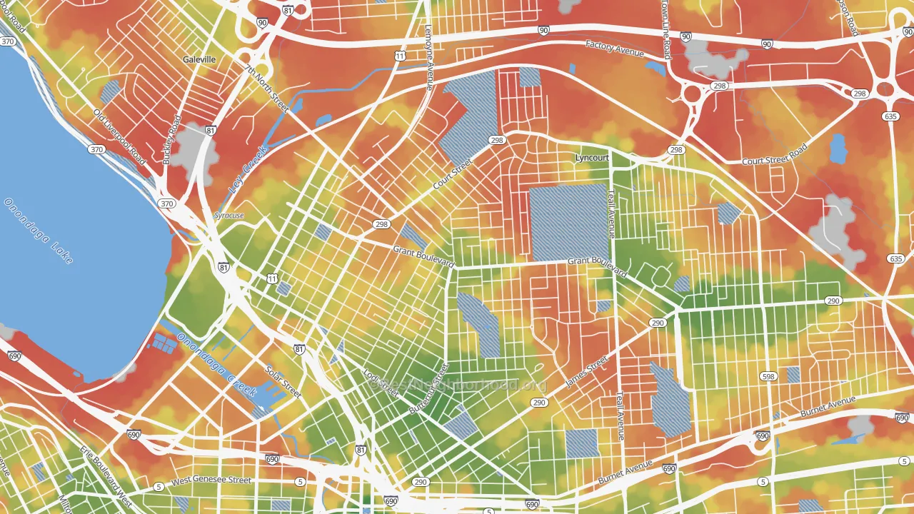 Walk Grade map of Northside, Syracuse, NY, walkable areas in green and car-dependent areas in red
