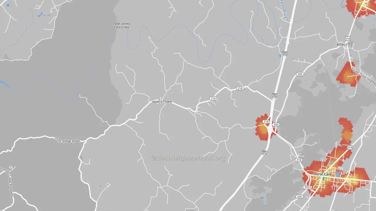 Walk Grade map of Northtown, KY, walkable areas in green and car-dependent areas in red