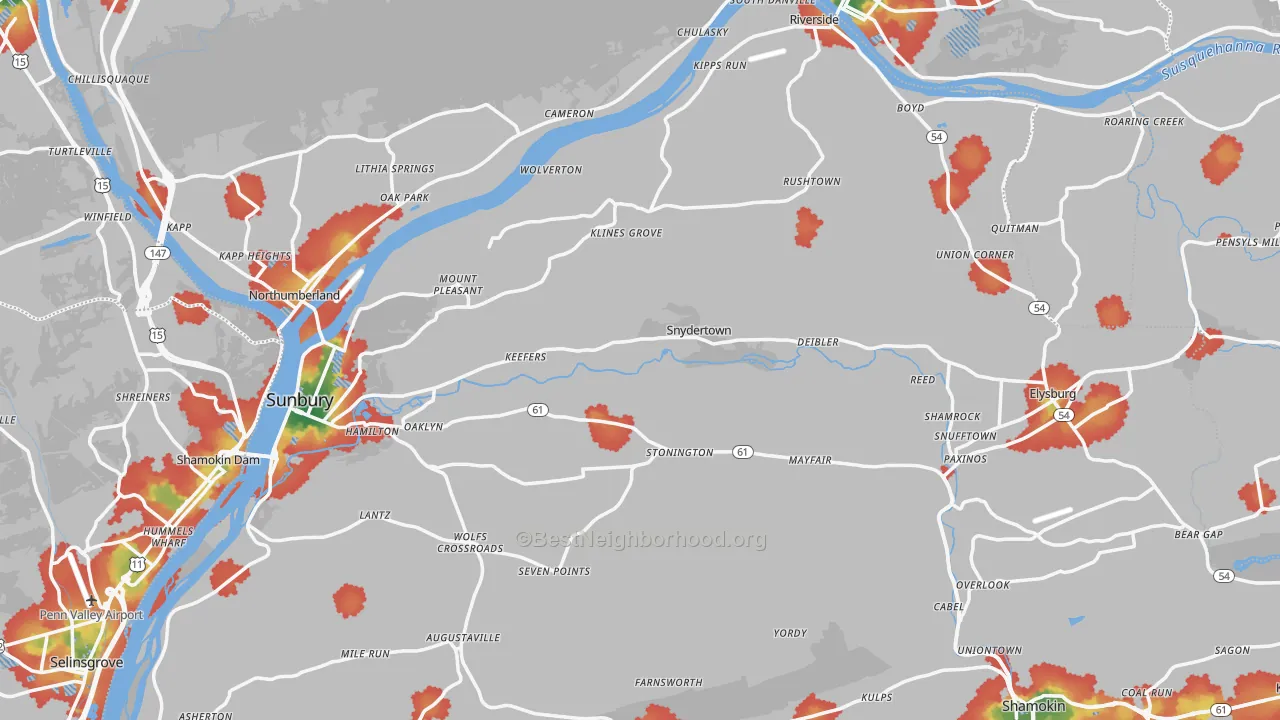 Walk Grade map of Northumberland County, PA, walkable areas in green and car-dependent areas in red